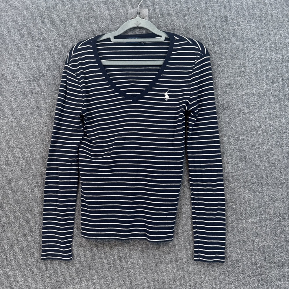Polo Ralph Lauren Tshirt Women Small Blue White Striped Long Sleeve Ribbed Pony